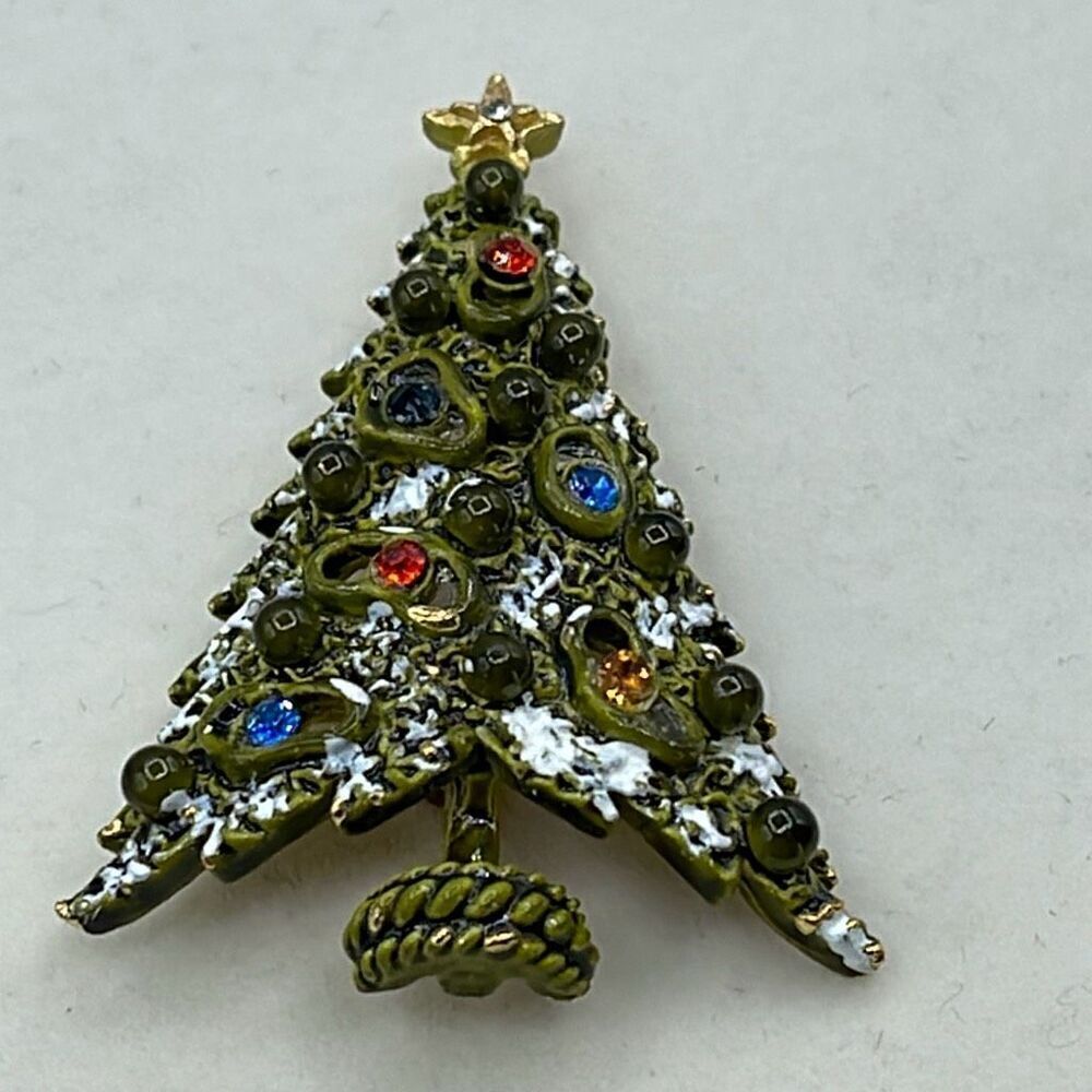 Vintage Art Christmas tree brooch Avacado green rhinestones.